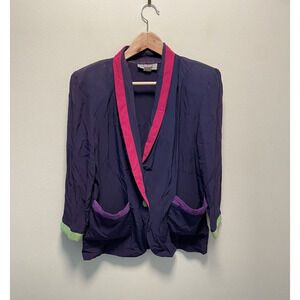 Vintage Womens Blazer Petite Medium Purple Rayon Neon Trim Retro Secretary 80s